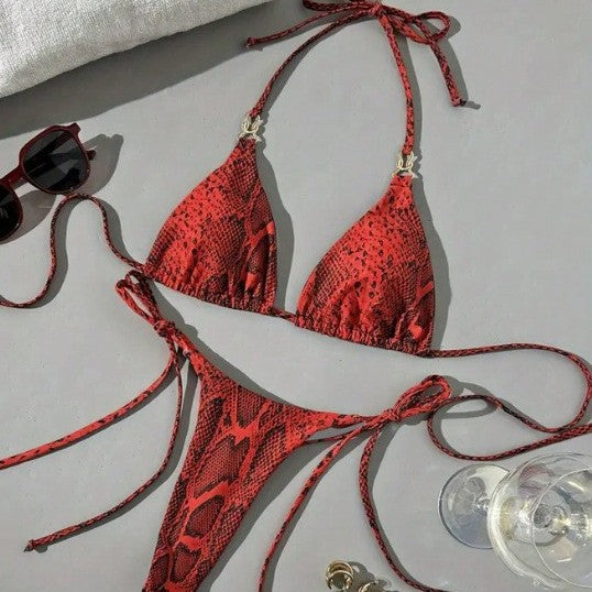 Sexy Red Leopard Print Thong Bikini with Jewelry Tie Collar