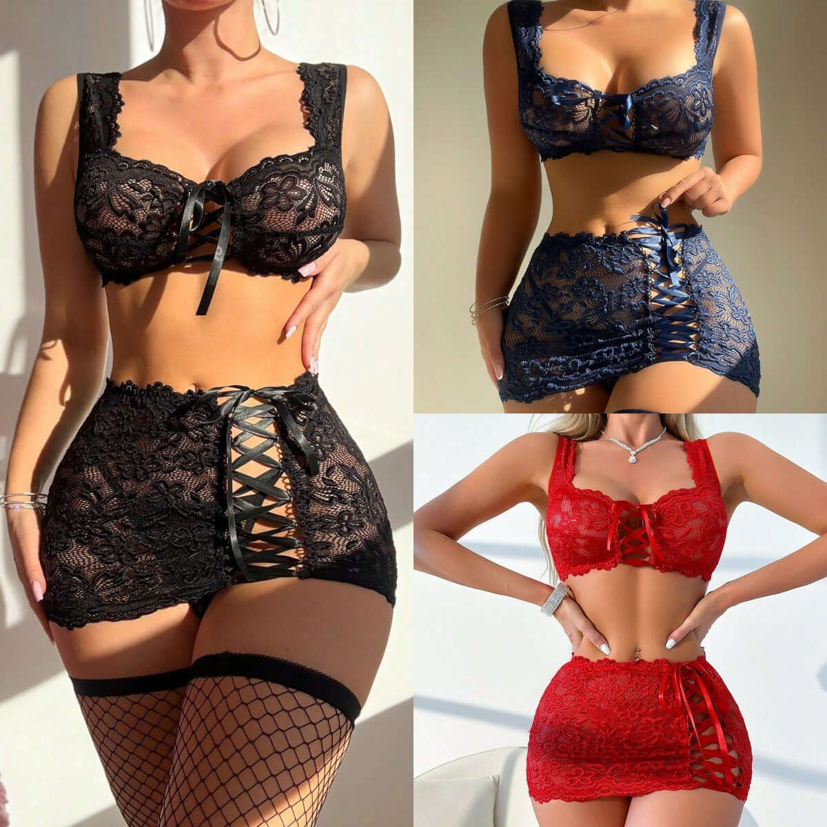 Sexy Lingerie - Provocative Sheer Lace Floral Tie-Up Spliced Bra, Skirt and Panty Set 👙