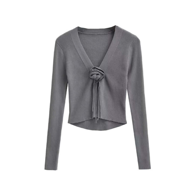 Chic Fashion Slim-fit V-neck Long Sleeve Sweater - Cute Rose Knot 🌹Bow Tie Front in 7 Color Options 🌈