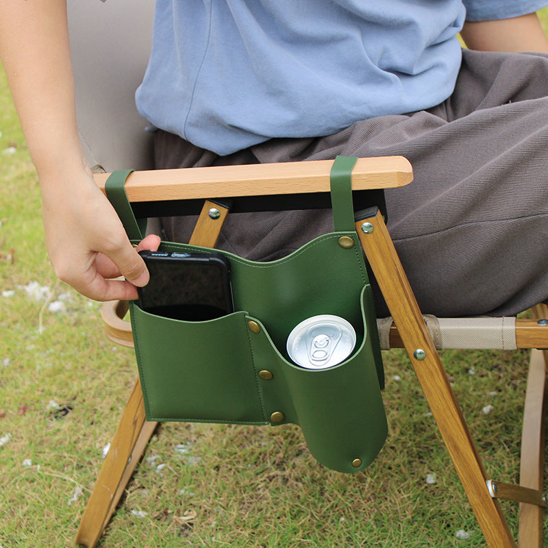 Durable Camping Chair Leather Armrest Storage Bag - Convenient Storage for Beverage + Cell Phone and More !