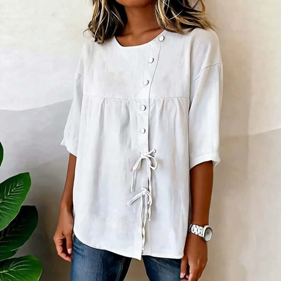 Women's Gorgeous Casual Loose-Fit Shirt with Ties & Button Closure, Round Neck, Mid-Sleeve 🤩