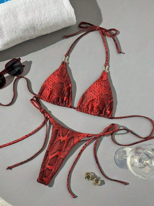 Sexy Red Leopard Print Thong Bikini with Jewelry Tie Collar