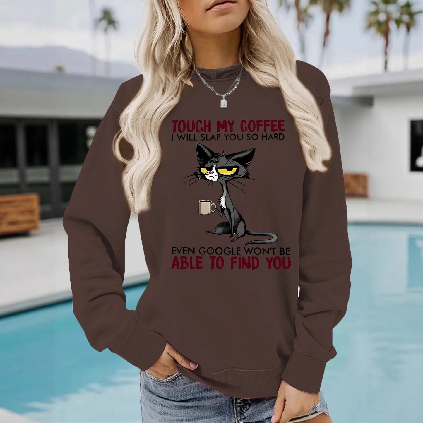 Women's Seasonal Warm Casual Sweatshirt with Humorous Cat COFFEE Graphic ☕️ 😻