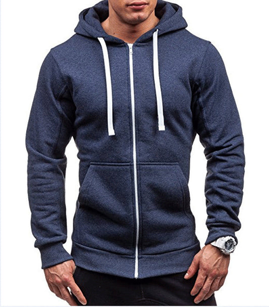 Men's Active Zip-Up Hoodie with Accent Color Zipper and Drawstrings