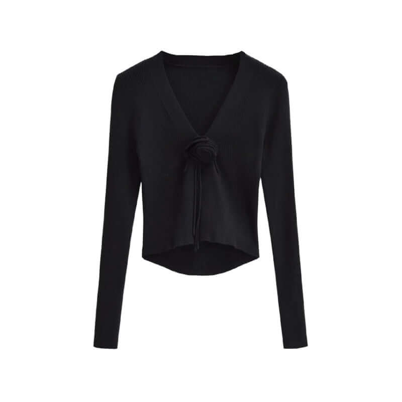 Chic Fashion Slim-fit V-neck Long Sleeve Sweater - Cute Rose Knot 🌹Bow Tie Front in 7 Color Options 🌈
