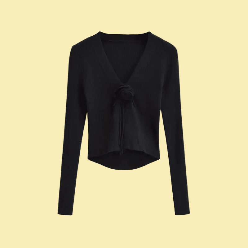 Chic Fashion Slim-fit V-neck Long Sleeve Sweater - Cute Rose Knot 🌹Bow Tie Front in 7 Color Options 🌈