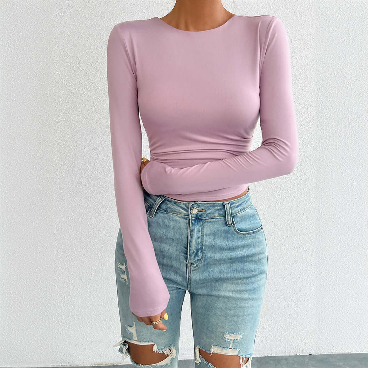 Women's Sexy Slim-fit Top - Casual Round Neck Knitted Long Sleeved with Wide Open Back 🤩