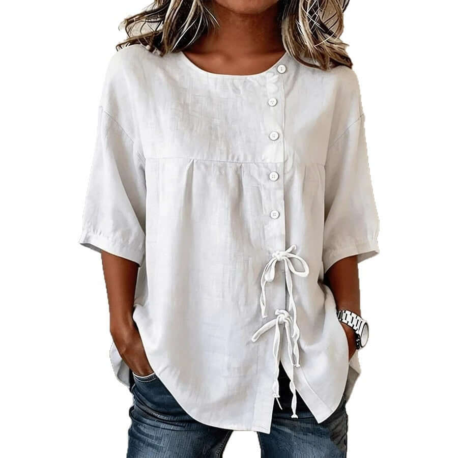 Women's Gorgeous Casual Loose-Fit Shirt with Ties & Button Closure, Round Neck, Mid-Sleeve 🤩