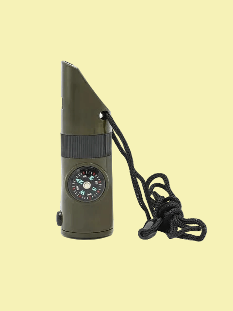 Smart 7 in 1 Survival Whistle Tool - Hiking Whistle, Compass, Mirror, Flashlight, Magnifier LED Light, Thermometer & Storage