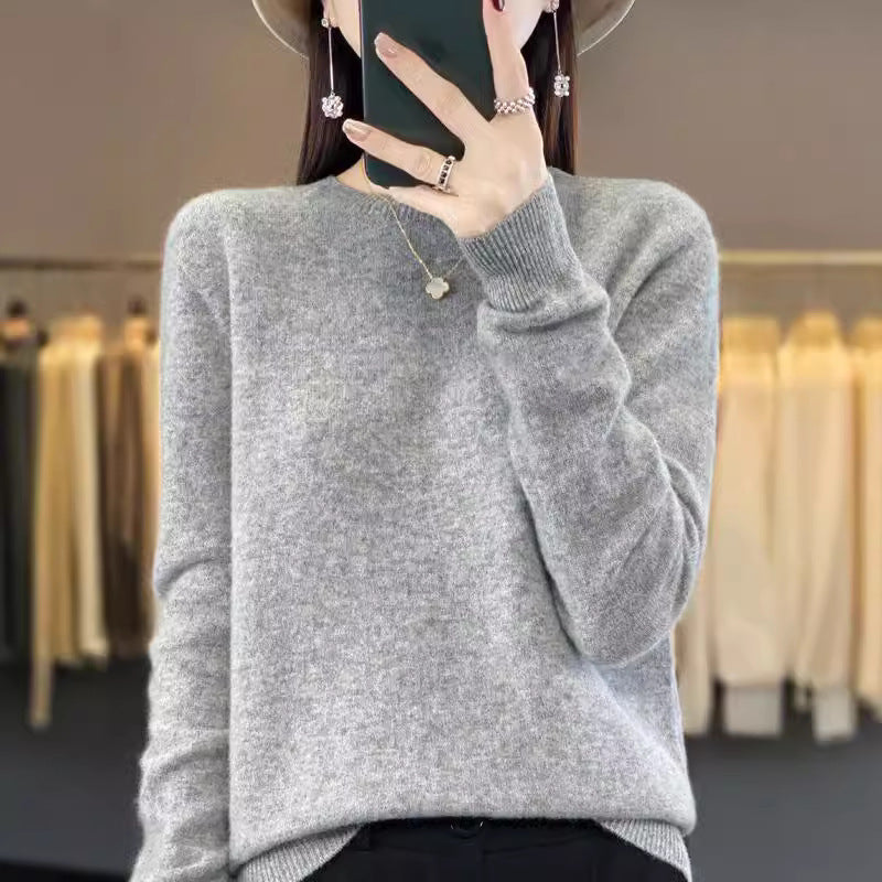 Women's Slim-fit Round Neck Pure Wool Sweater ♨️ Autumn & Winter Favorite Loose Knitted Base Pullover