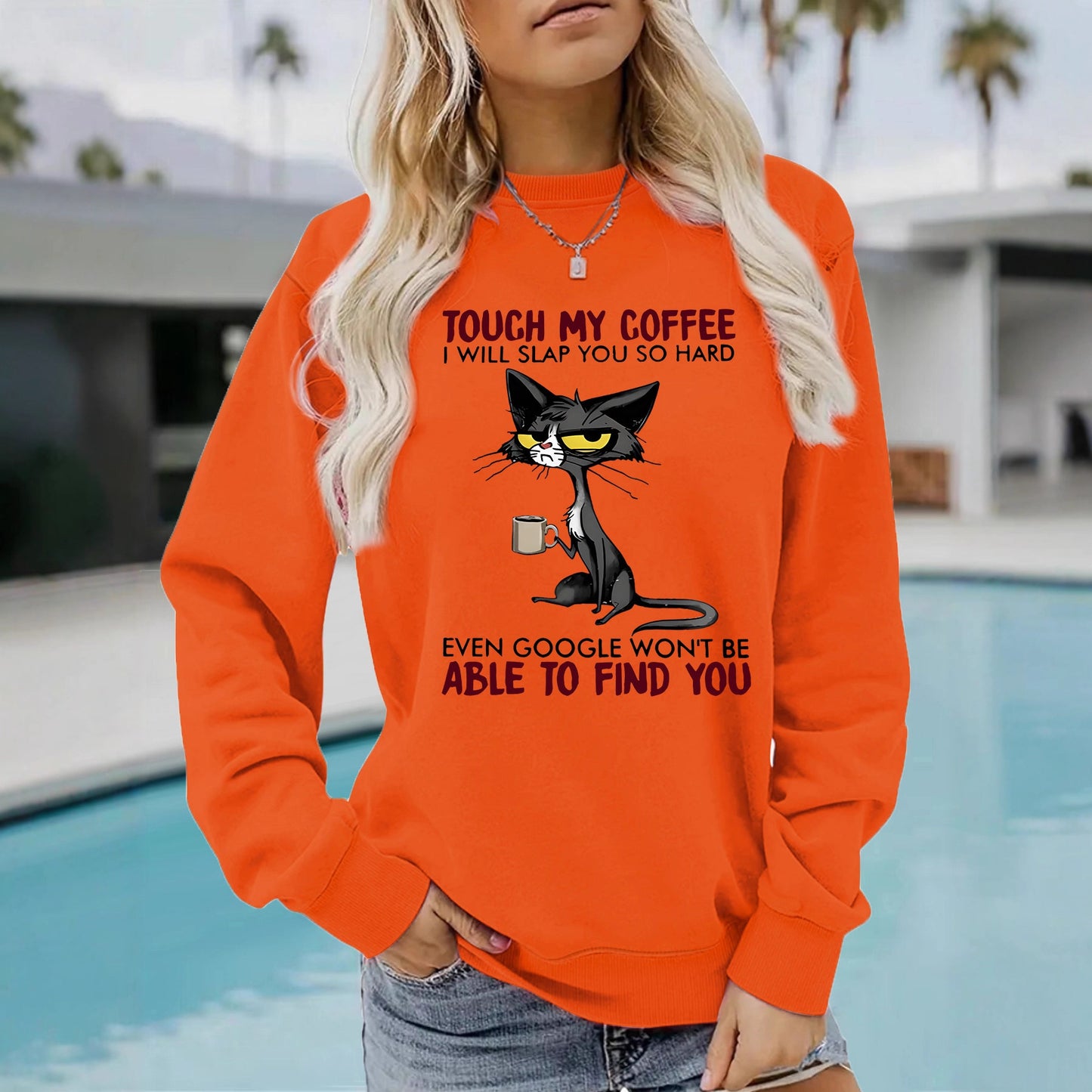 Women's Seasonal Warm Casual Sweatshirt with Humorous Cat COFFEE Graphic ☕️ 😻