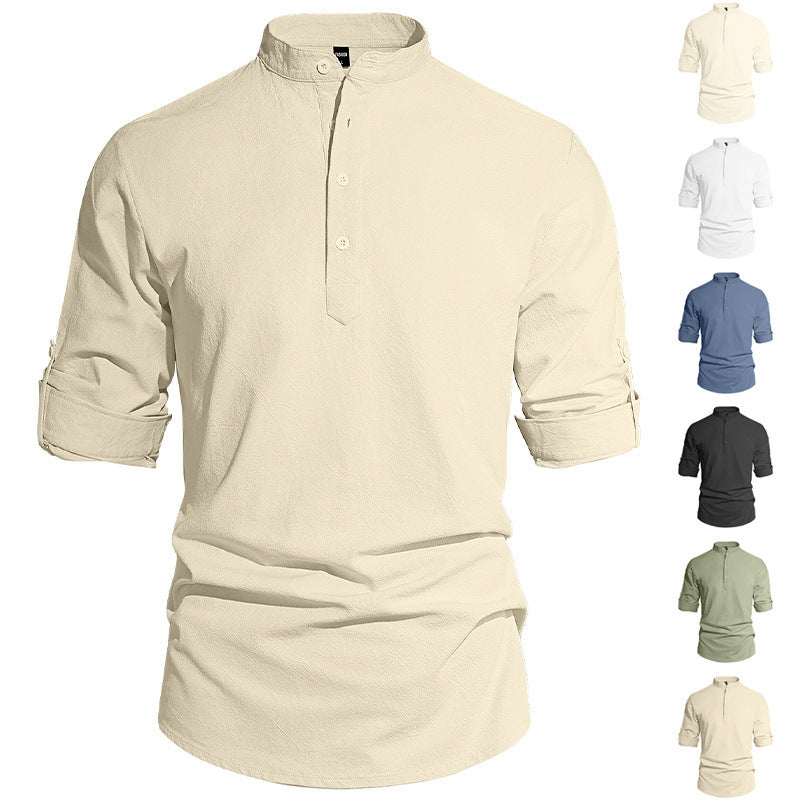 Men's Trendy All Seasons Shirt - Lightweight Solid Cotton Linen, Henley Collar Button-Up Long Sleeve