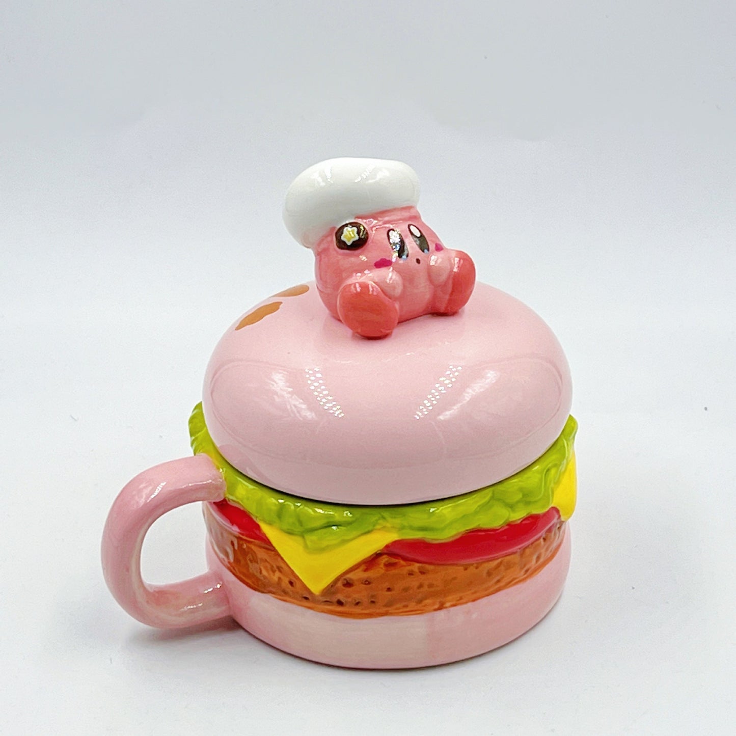 Cute Pink Madou Cartoon Chef Star Ceramic Mug with Lid - Burger & Cheese Options Also Available ☕️