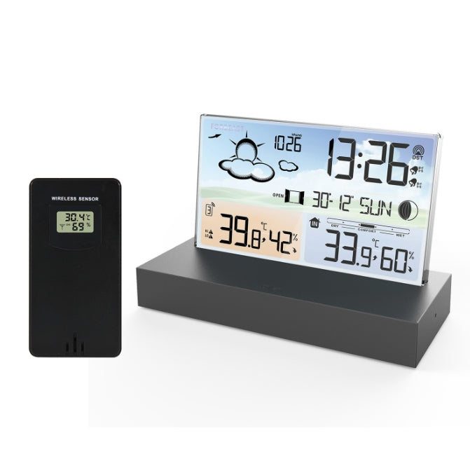 Transparent Glass Weather Forecast Clock -  Features Color Screen RF Wireless, Alarm, Perpetual Calendar, 12 or 24 Hour Format, 7 Languages
