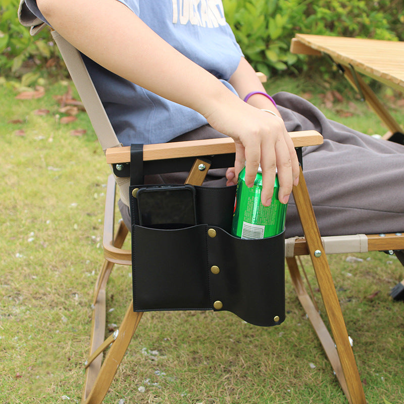 Durable Camping Chair Leather Armrest Storage Bag - Convenient Storage for Beverage + Cell Phone and More !