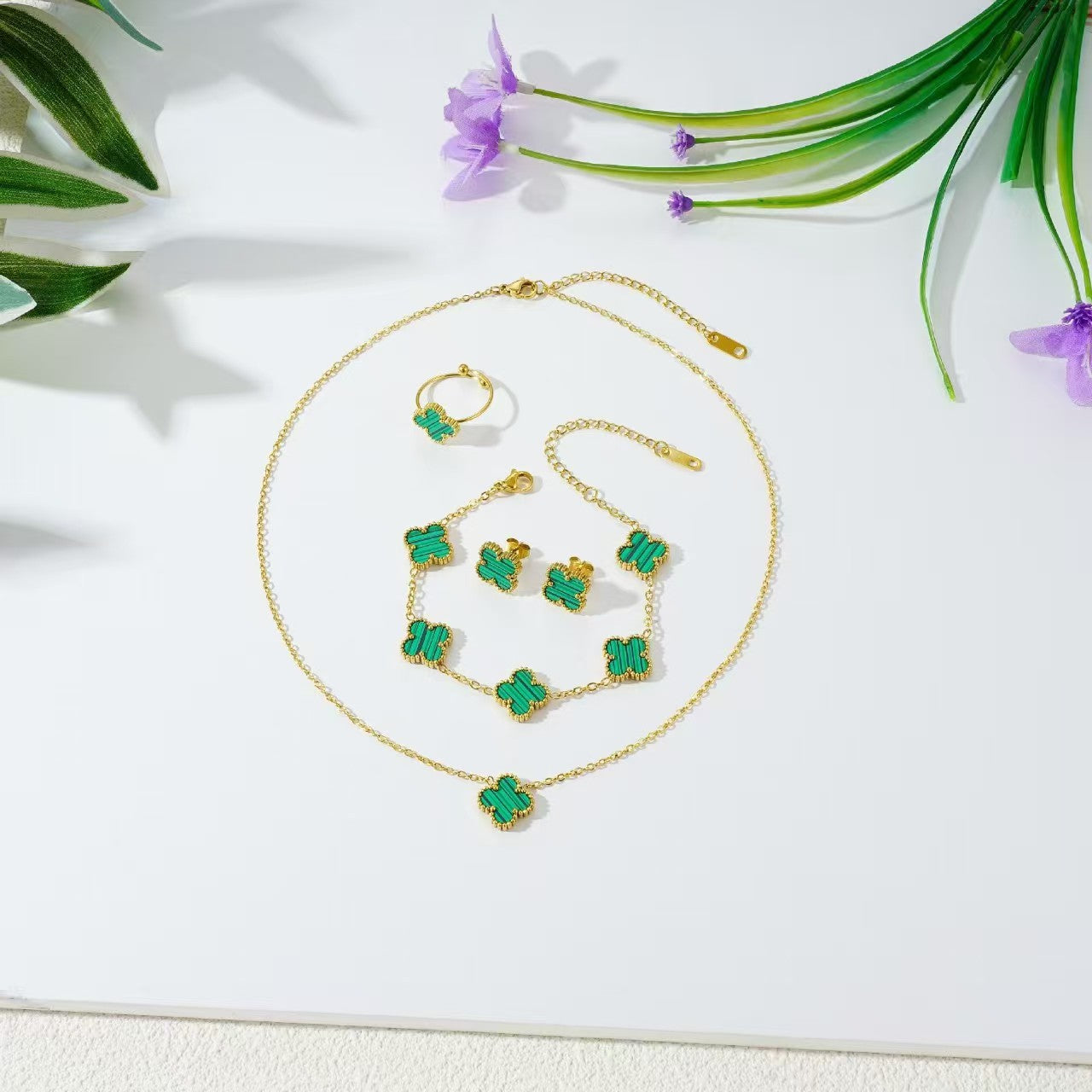Gorgeous 4pc. Titanium Steel Jewelry SET - Great Value Floral Necklace + Bracelet + Earrings + Ring in Beautiful Colors
