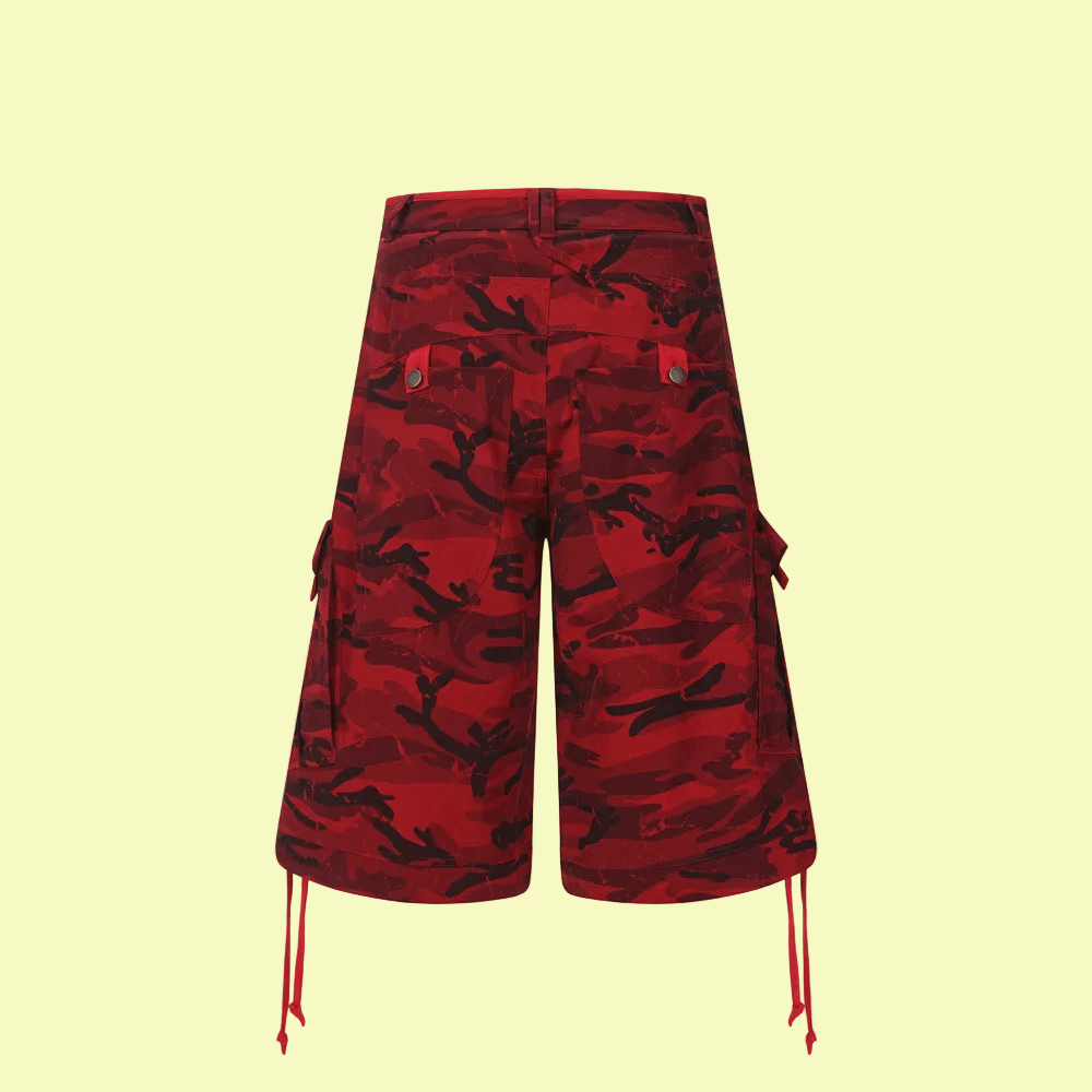 Popular Camouflage Workwear Five Quarter Pants - Unisex Trending Hip Street Fashion Red 🔴 Camouflage