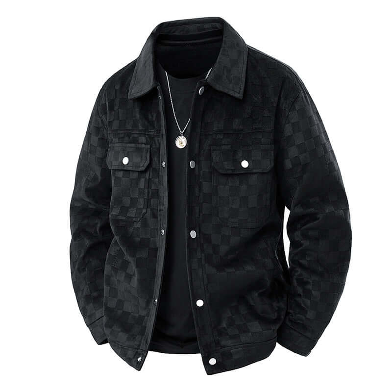 Hip Retro Suede Chessboard Pattern Collared Jacket - Men's Cool Weather Seasonal Must Have