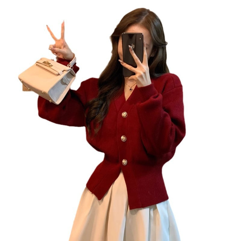 Women's Gorgeous Fall & Winter Cherry Red or Black Knit Cardigan - Classic Waist-Cinching Slim Fit Sweater 💝