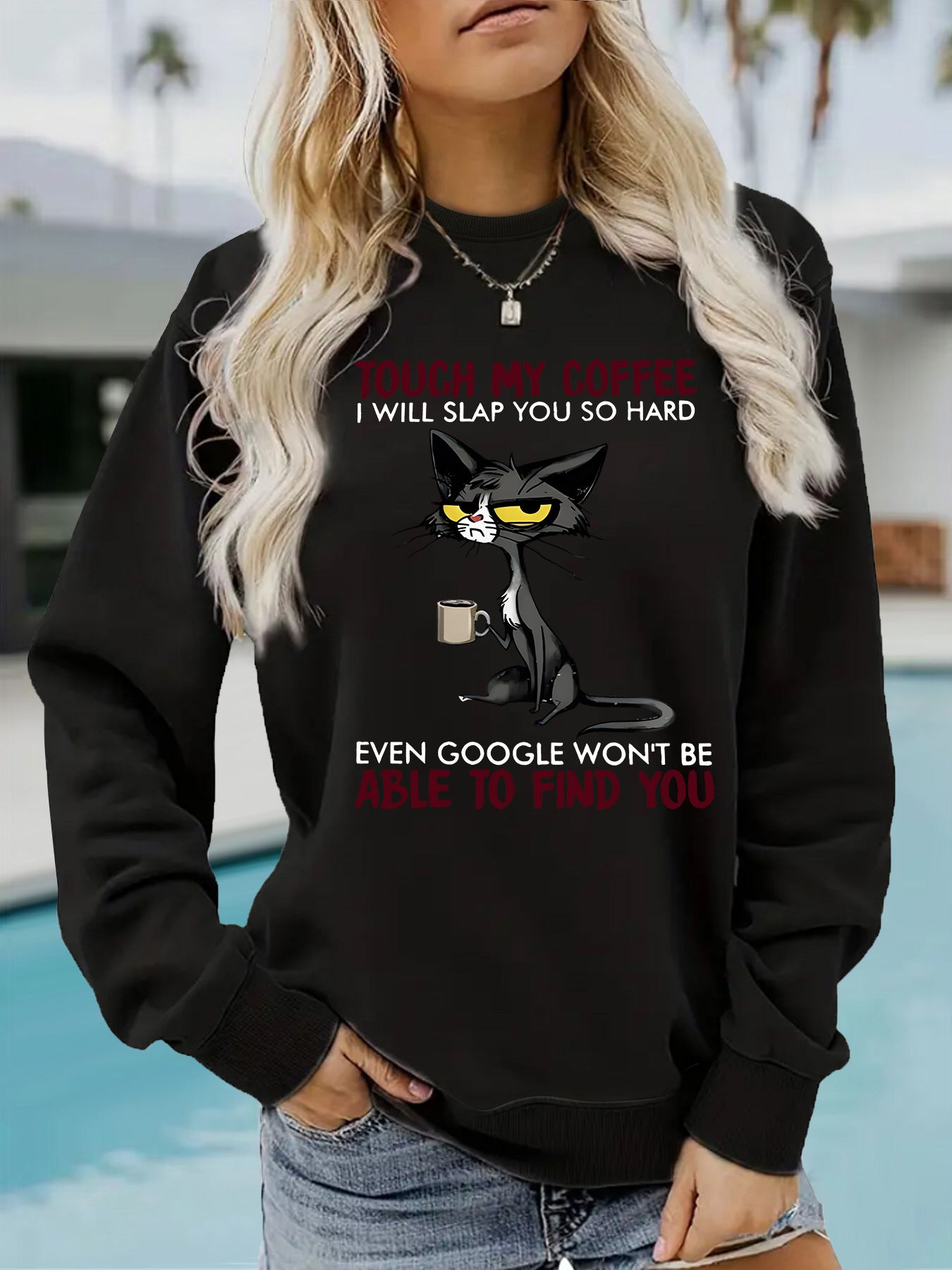 Women's Seasonal Warm Casual Sweatshirt with Humorous Cat COFFEE Graphic ☕️ 😻