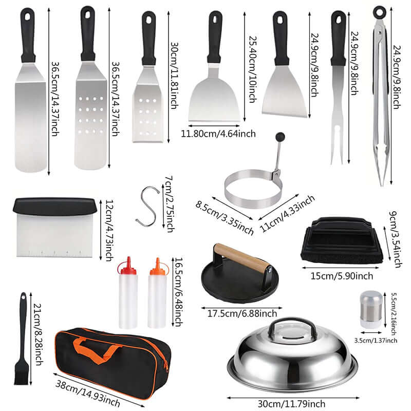 Incredible 29 pc. PRO Grade Stainless Steel BBQ Tools Set w/ Burger Press, Spatula, Egg Ring, & Much More !