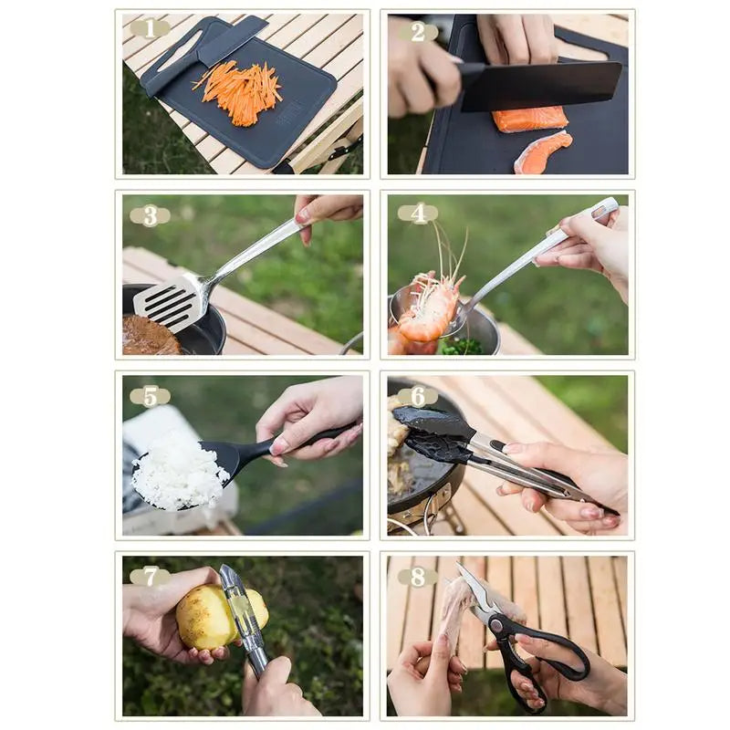Creative Camping Kitchen Set - 8pcs. Outdoor Stainless Steel Cookware Tool and Travel Kit + Durable Organizer Storage bag