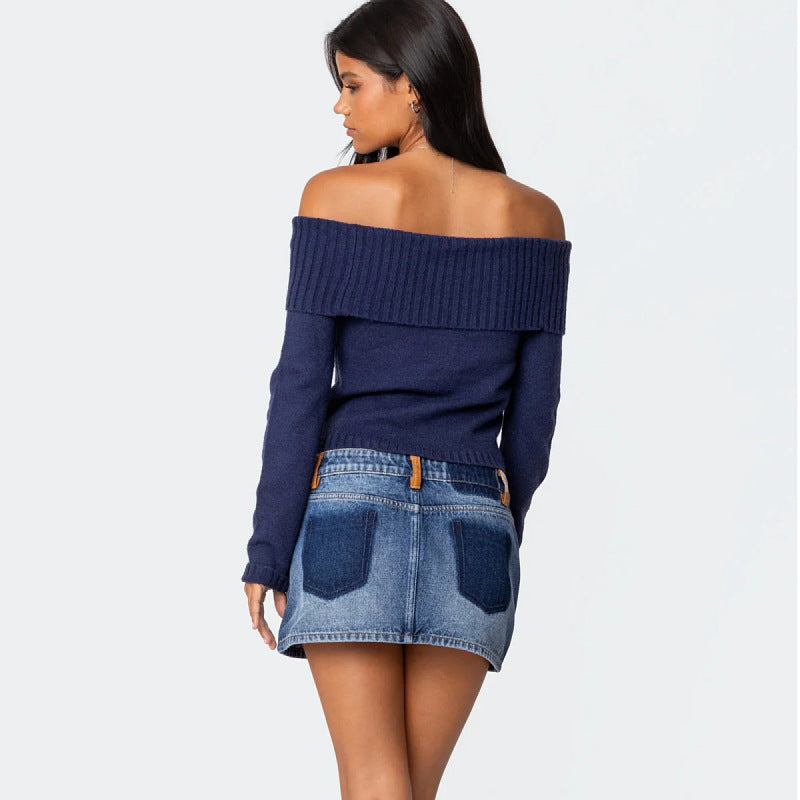Women's Hip Autumn & Winter Lightweight Sweater 😎 Solid Color, One Piece Collar, Off Shoulder Long Sleeve