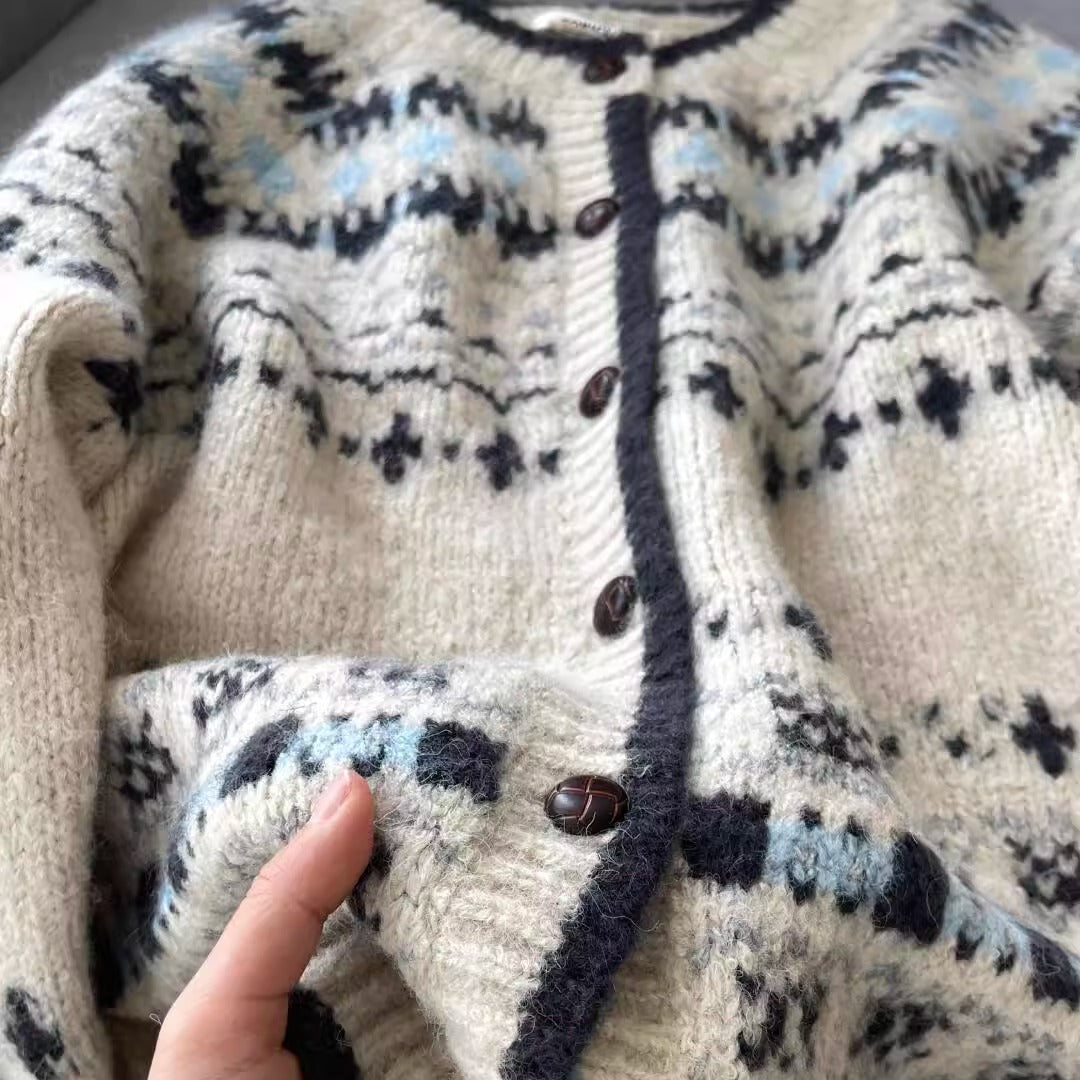 Women's One-size Vintage Jacquard Knit Cardigan ♨️ Thickened Button-Up Stylish Autumn Winter Top 🍁