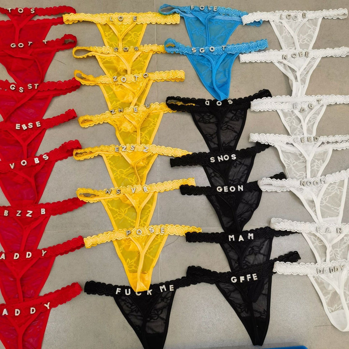 Women's Colorful Sexy DIY Metal Rhinestone Letter Thong - Provocative and Playful Lace Panties 🌈