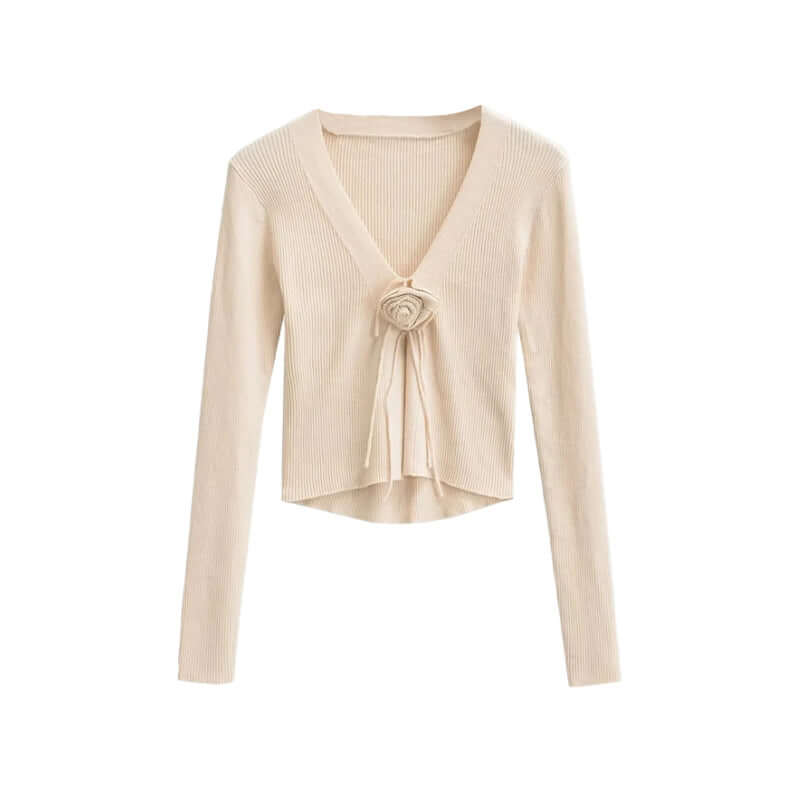 Chic Fashion Slim-fit V-neck Long Sleeve Sweater - Cute Rose Knot 🌹Bow Tie Front in 7 Color Options 🌈