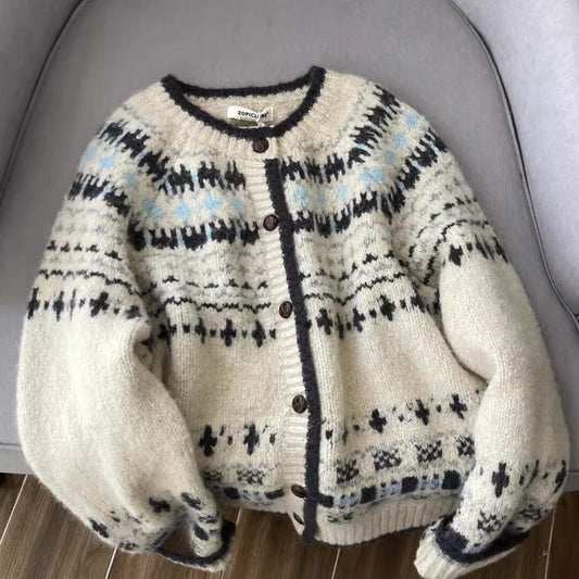 Women's One-size Vintage Jacquard Knit Cardigan ♨️ Thickened Button-Up Stylish Autumn Winter Top 🍁