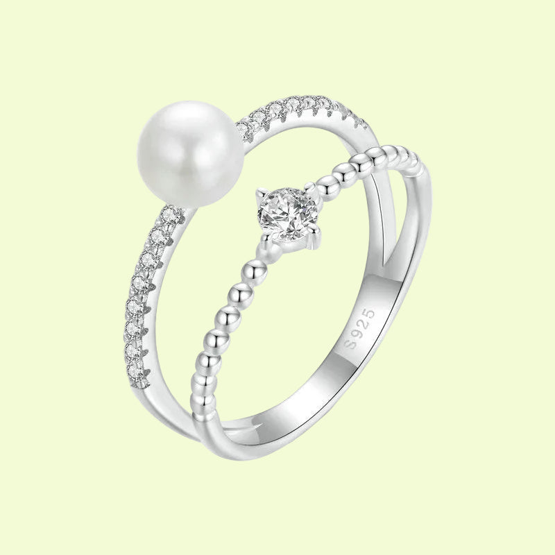 Moissanite Pearl 925 Silver Ring | Elegant Two Layer Band