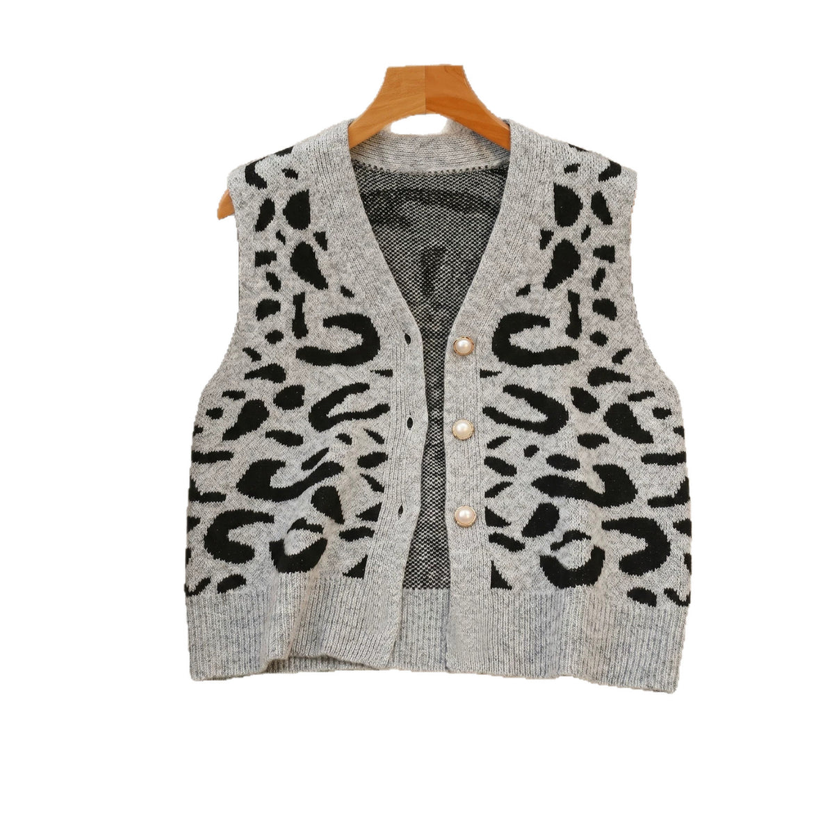 Leopard V Neck Cardigan | Pearl Button Loose Knit Vest