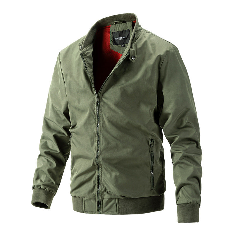Men's Fashion Sporty Zipper Flight Jacket with Stand up Collar, Crimped Cuff and Waist