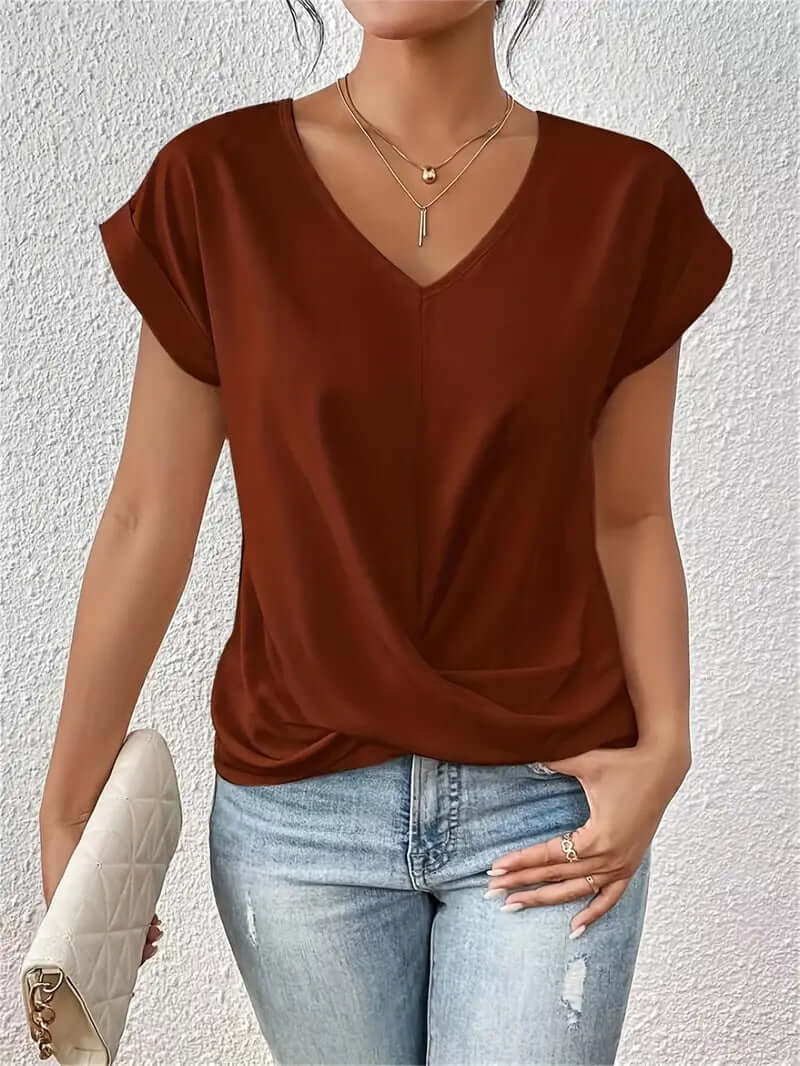 Women's Sleek Pleated V-neck T-shirt in a Multitude of Gorgeous Color Options 🌈 🤩