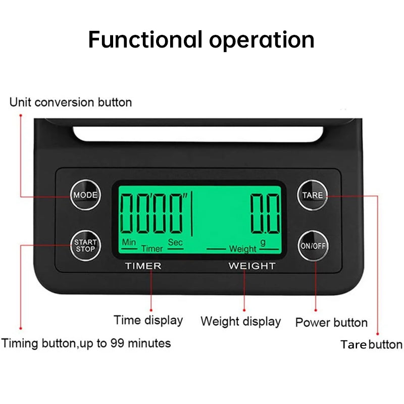 Digital Kitchen Coffee Scale - High Precision LCD - 3kg Capacity, 0.1g Precision, Tare Weight + Timer ⏰️