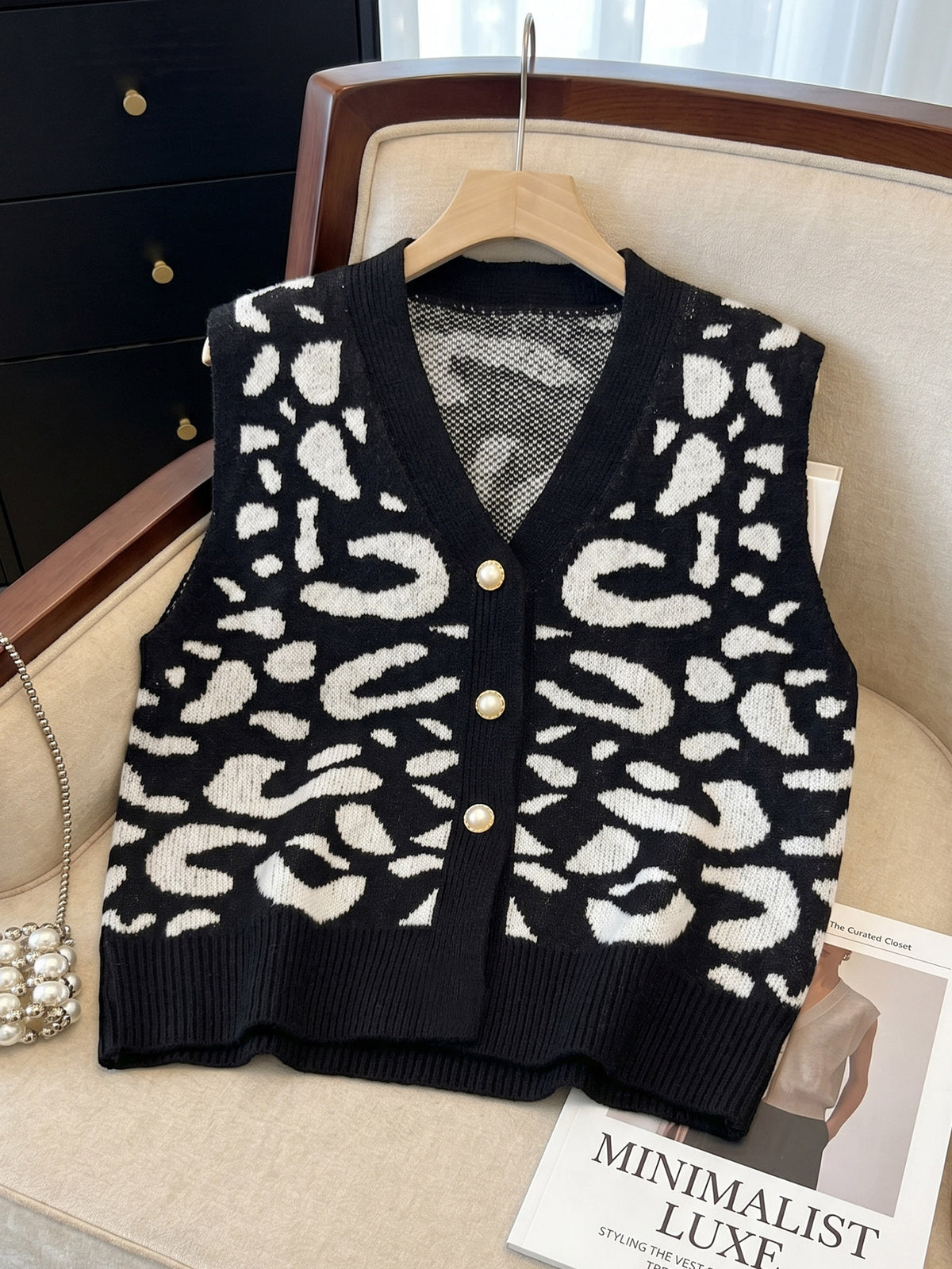 Leopard V Neck Cardigan | Pearl Button Loose Knit Vest