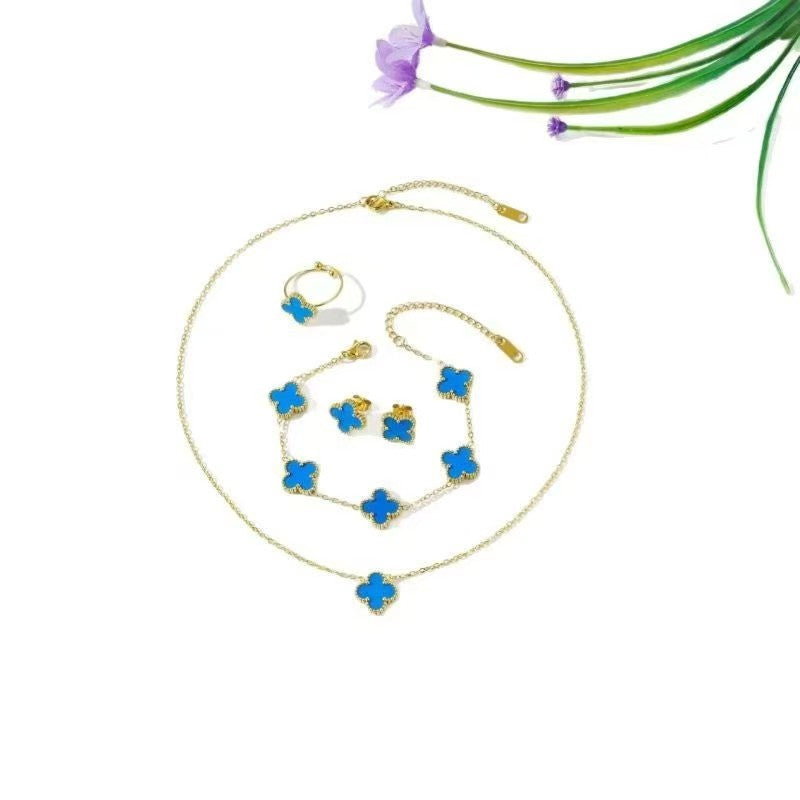 Gorgeous 4pc. Titanium Steel Jewelry SET - Great Value Floral Necklace + Bracelet + Earrings + Ring in Beautiful Colors