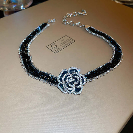 Beautuful Alloy Crystal Rose Necklace in Black and Silver