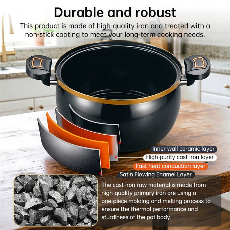 Large Black or White Modern 7L Enameled Cast Iron Soup Pot with Spoon – Heavy-Duty Pressure-Assist Stewing Pot
