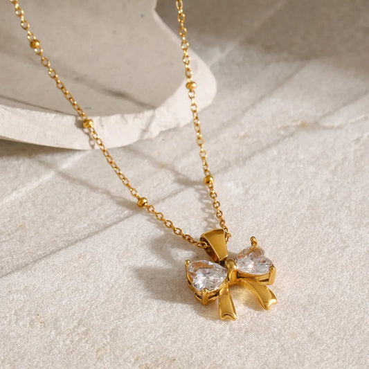 Beautiful Stainless Steel Inlaid Zircon Bow Necklace - Long Length Gold-plated w/ Lobster Clasp