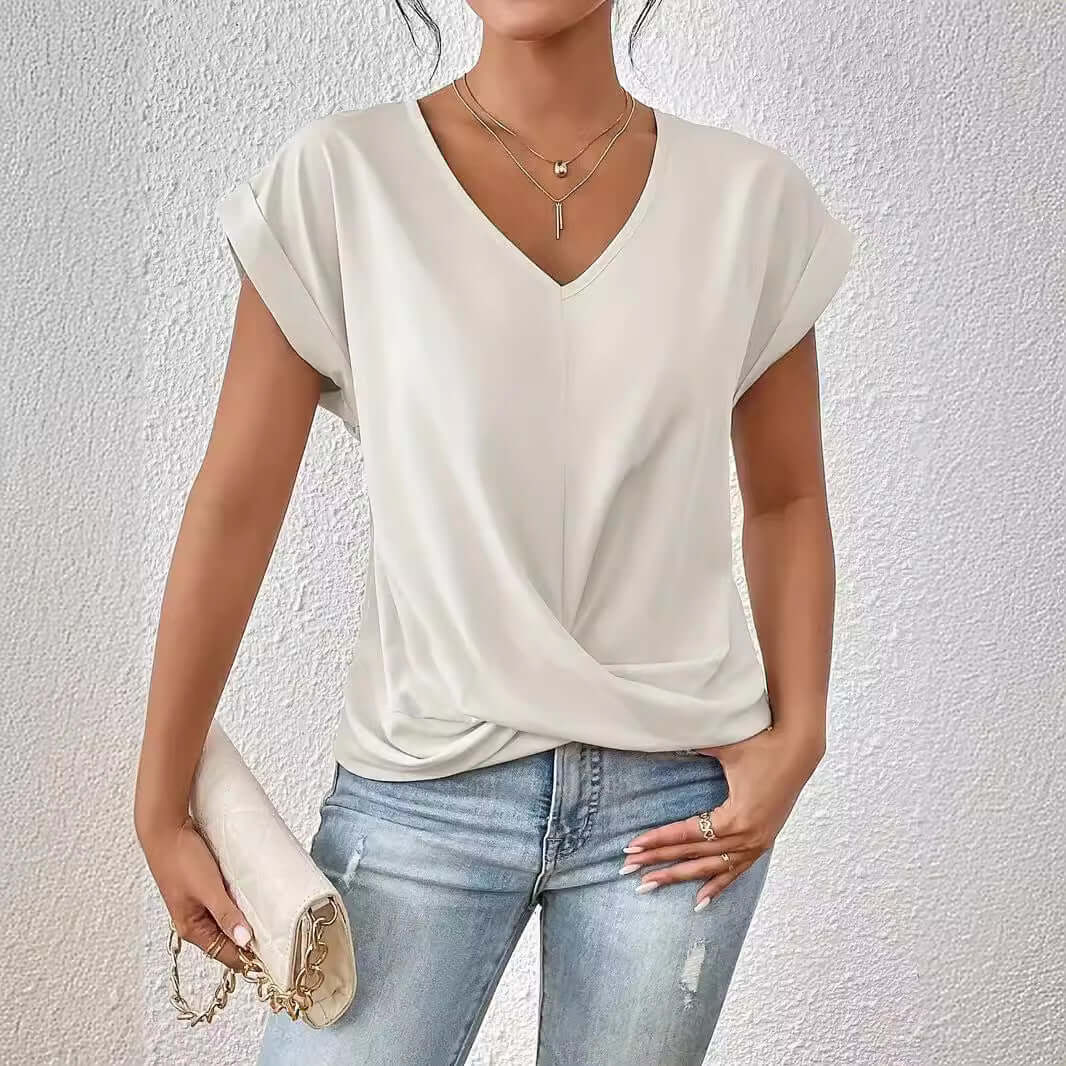 Women's Sleek Pleated V-neck T-shirt in a Multitude of Gorgeous Color Options 🌈 🤩