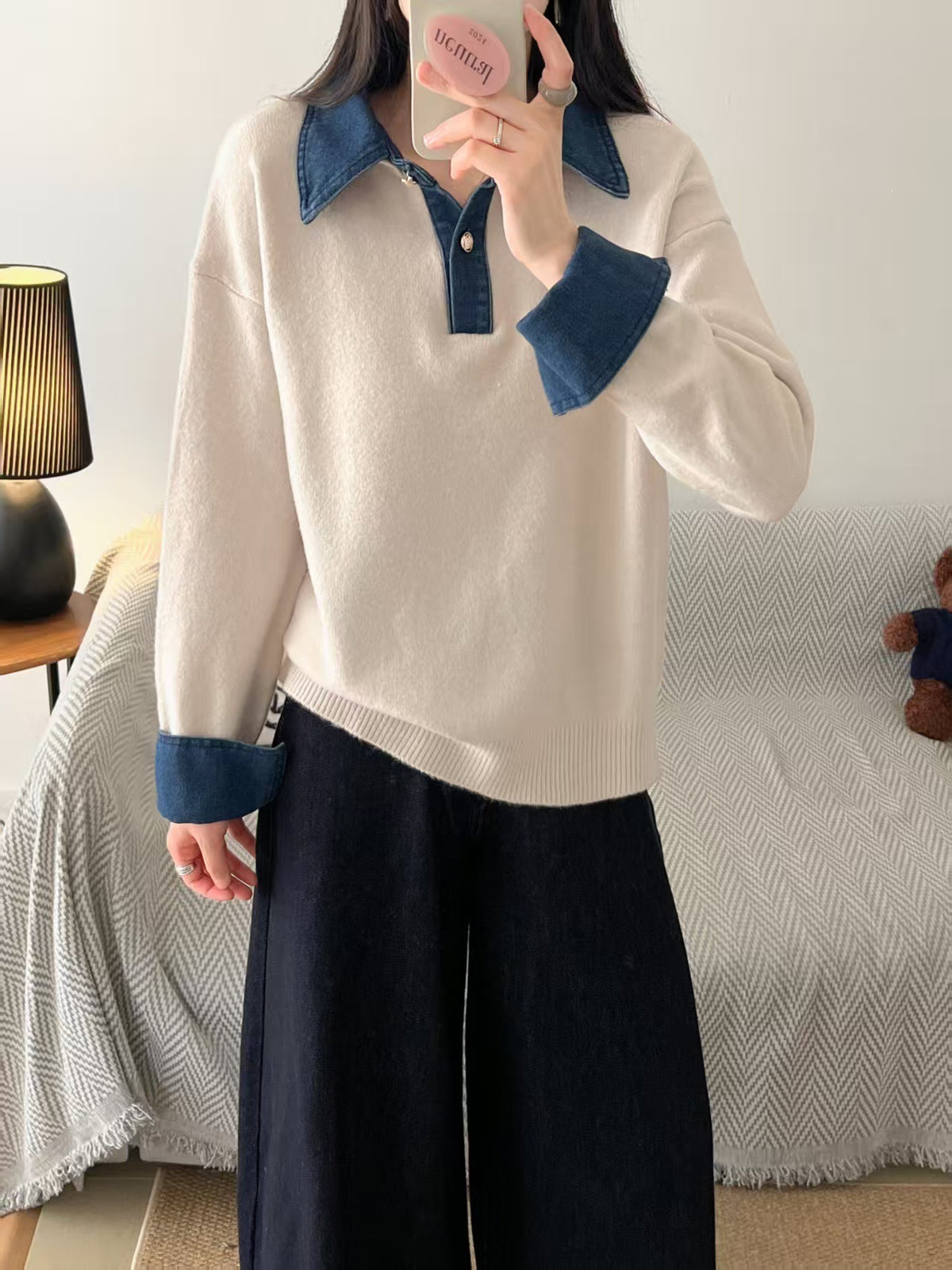 Unique Color Block Denim Patchwork Polo Sweater 😎