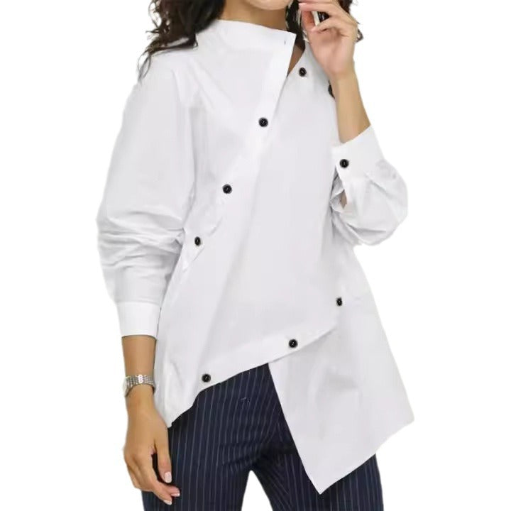 Cross Border Unique Women's Fashion Long Sleeved Shirt - Asymmetrical Buttons & Sloping Collar Top 😎