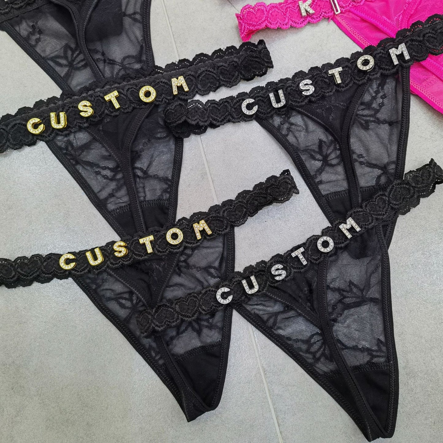 Women's Colorful Sexy DIY Metal Rhinestone Letter Thong - Provocative and Playful Lace Panties 🌈