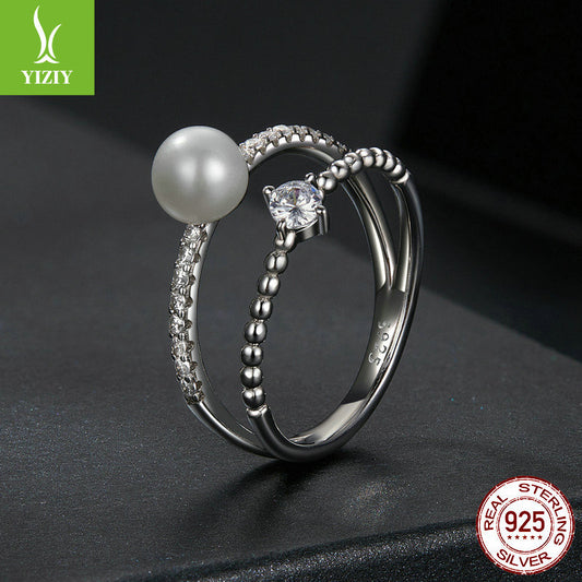 Moissanite Pearl 925 Silver Ring | Elegant Two Layer Band