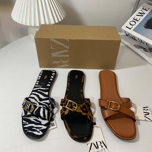 Women's French Pump Slipper Flats - Animal Print & Solid Brown