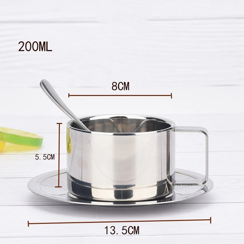 Gorgeous 304 Stainless Steel Coffee Cups 3pc. SET -  Double-deck Thermal Insulation, Mug-Plate-Spoon ☕️