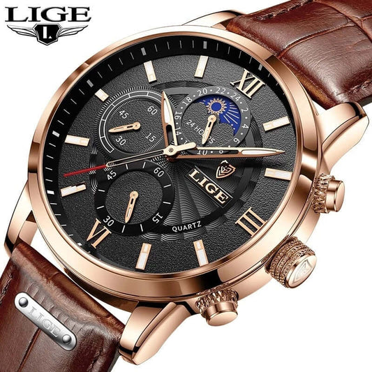 Lige Beautiful Quartz Watch - Multifunction Chronograph Waterproof w/ Luminous Night Display