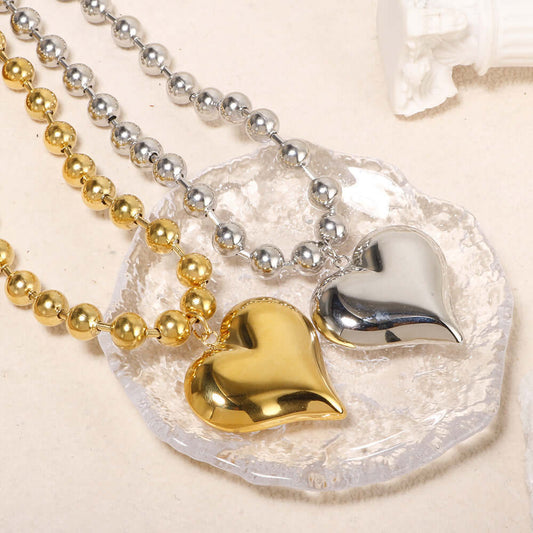 Stainless Steel Bead Chain - 18K Gold Heart Pendant Necklace Geometric Minimalist Hip-Hop Choker